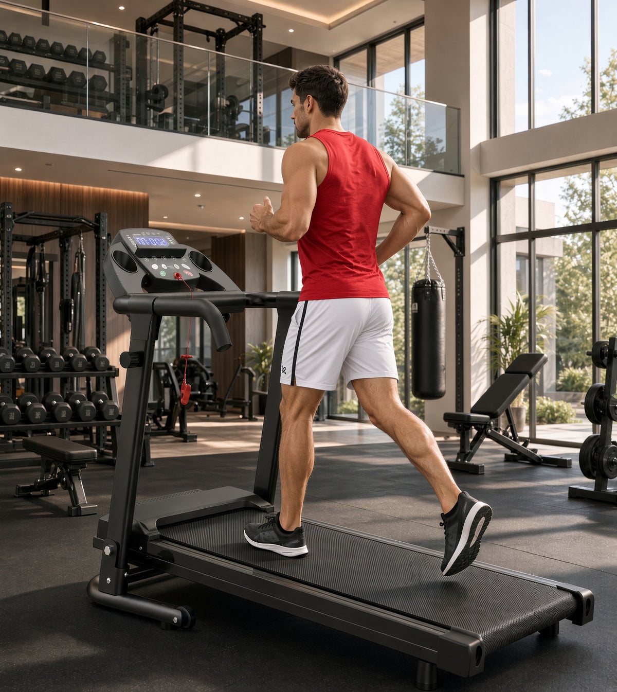 Folding walking pad treadmill with side rails and LED display, black base