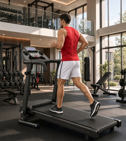 Folding walking pad treadmill with side rails and LED display, black base