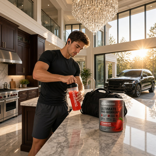 Caffeine workout supplement jar with “Ultimate Pre-Workout” strawberry label