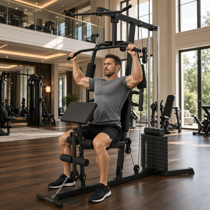 Black cable home gym station with adjustable bench, lat bar, and weight stack