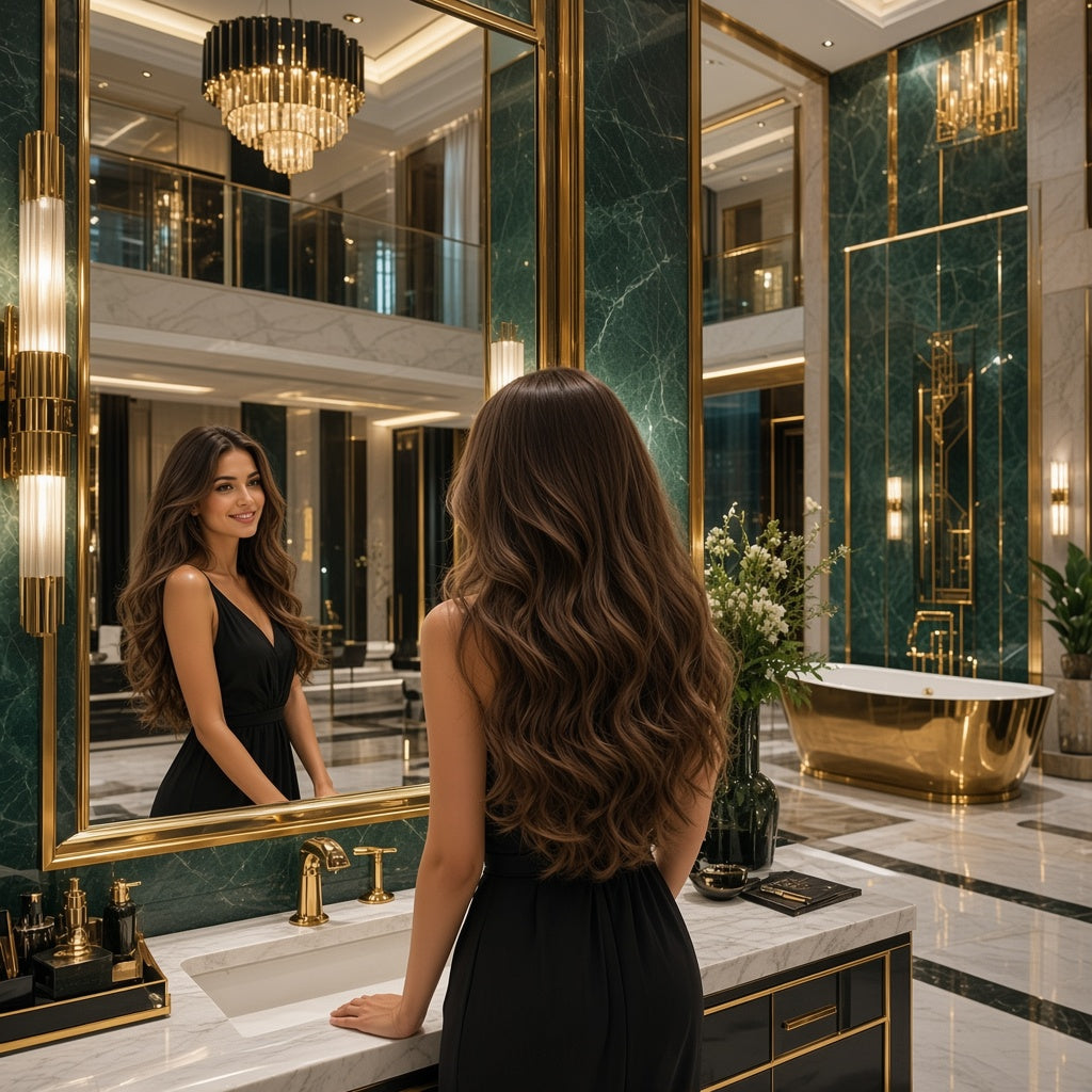 Invisible Halo hair extension with long dark brown wavy hair