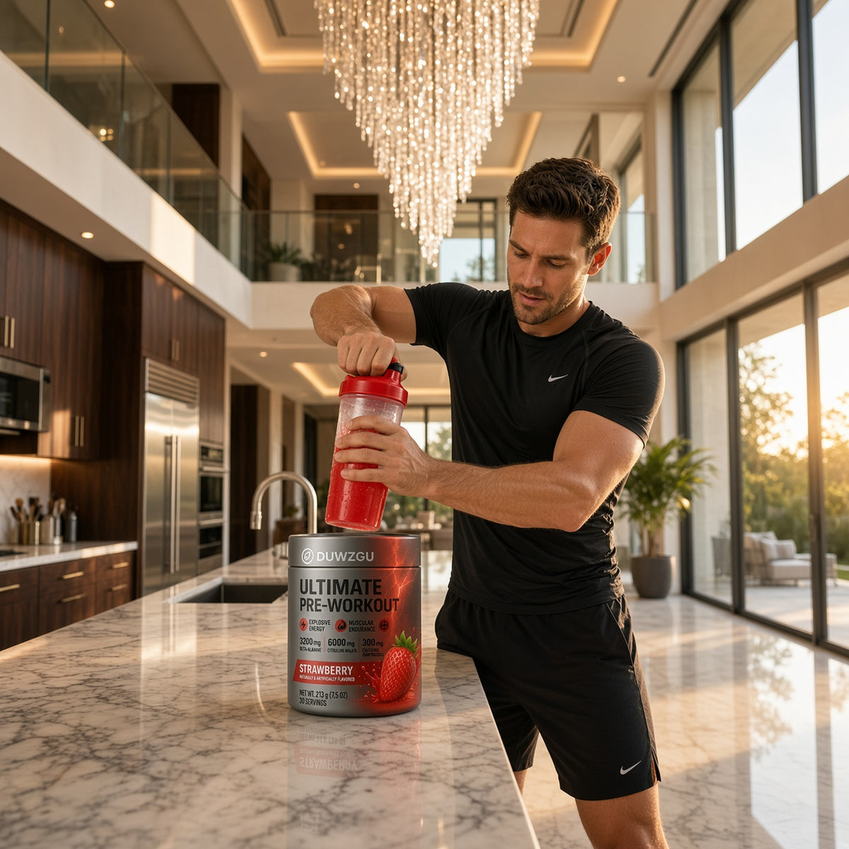 Caffeine pre-workout tub with red shaker bottle held over the glass