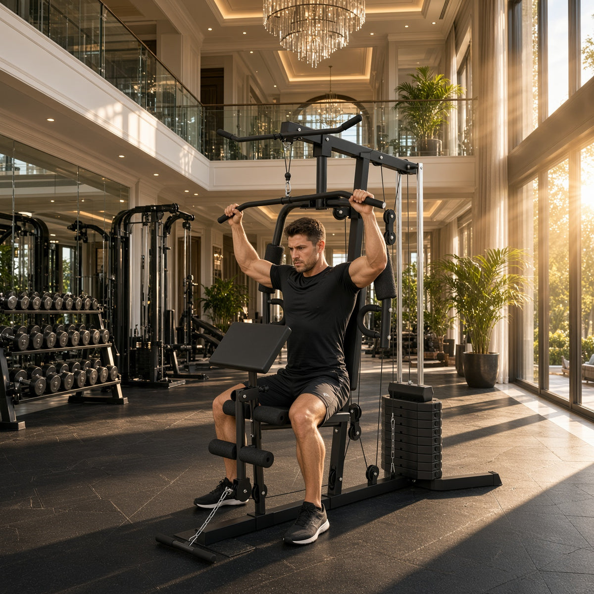 Black multi-exercise home gym weight station with bench, pull-up bar, and stack weights