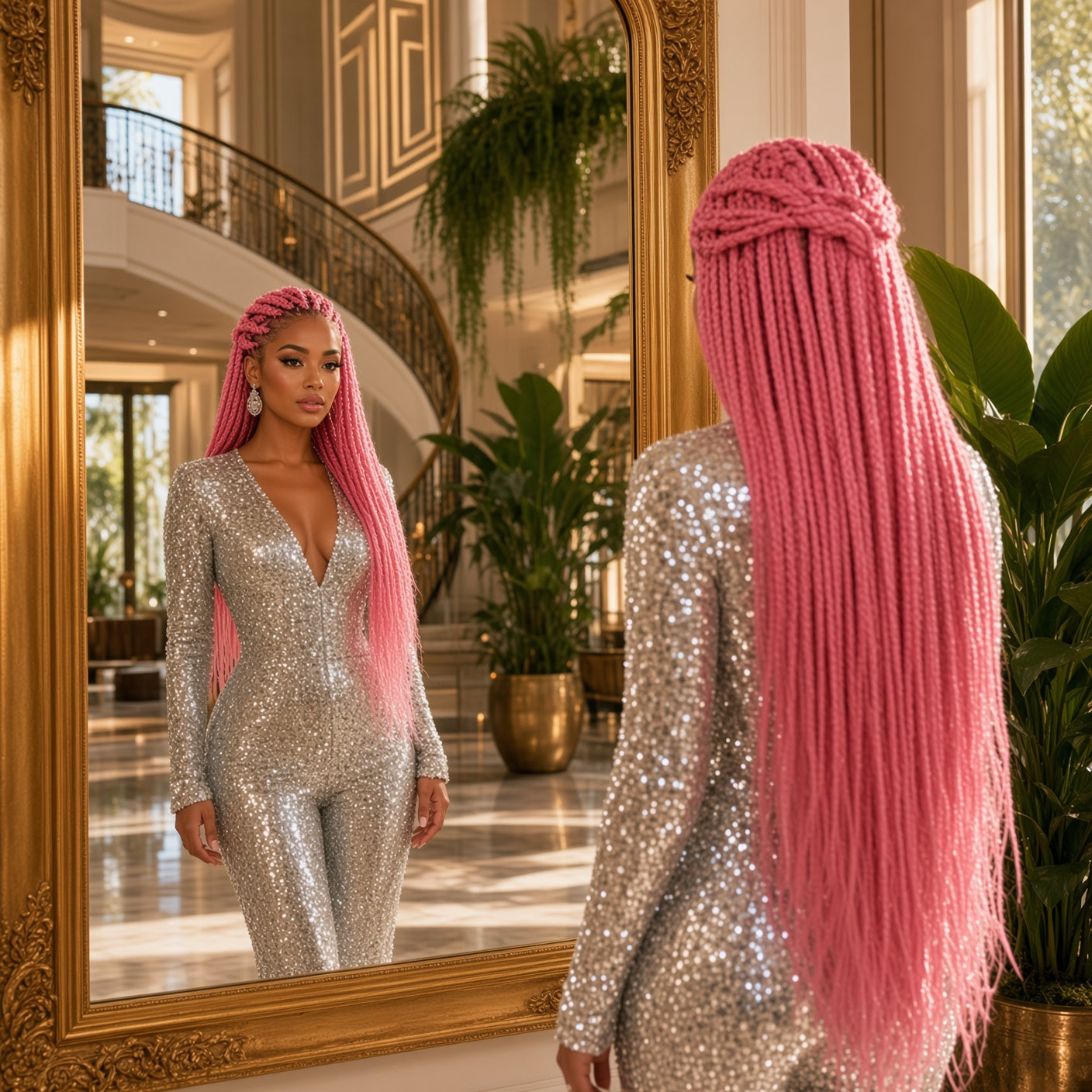 Long braided crochet hair extension with pink straight braid strands