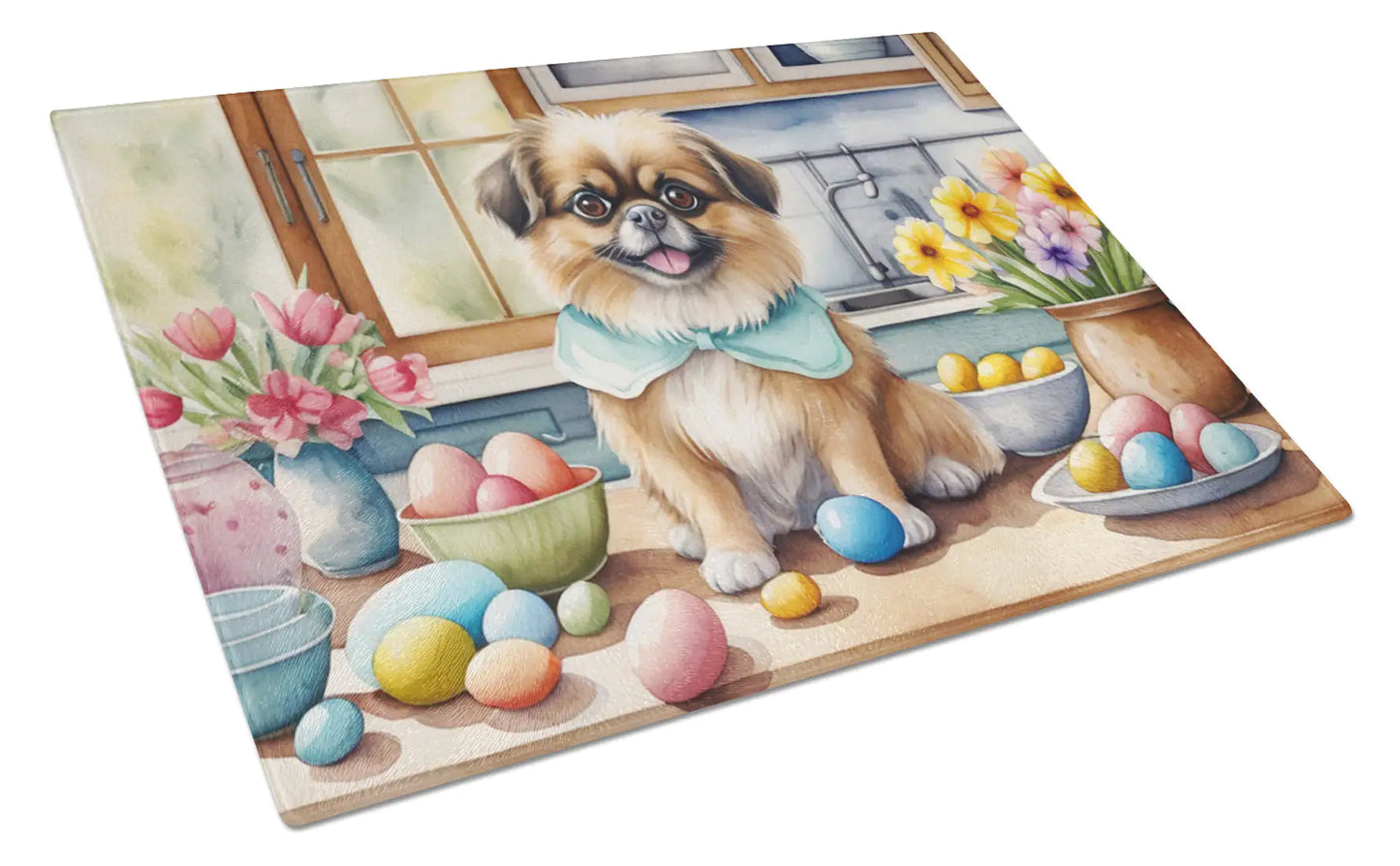 Decorating Easter Tibetan Spaniel Glass Cutting Board