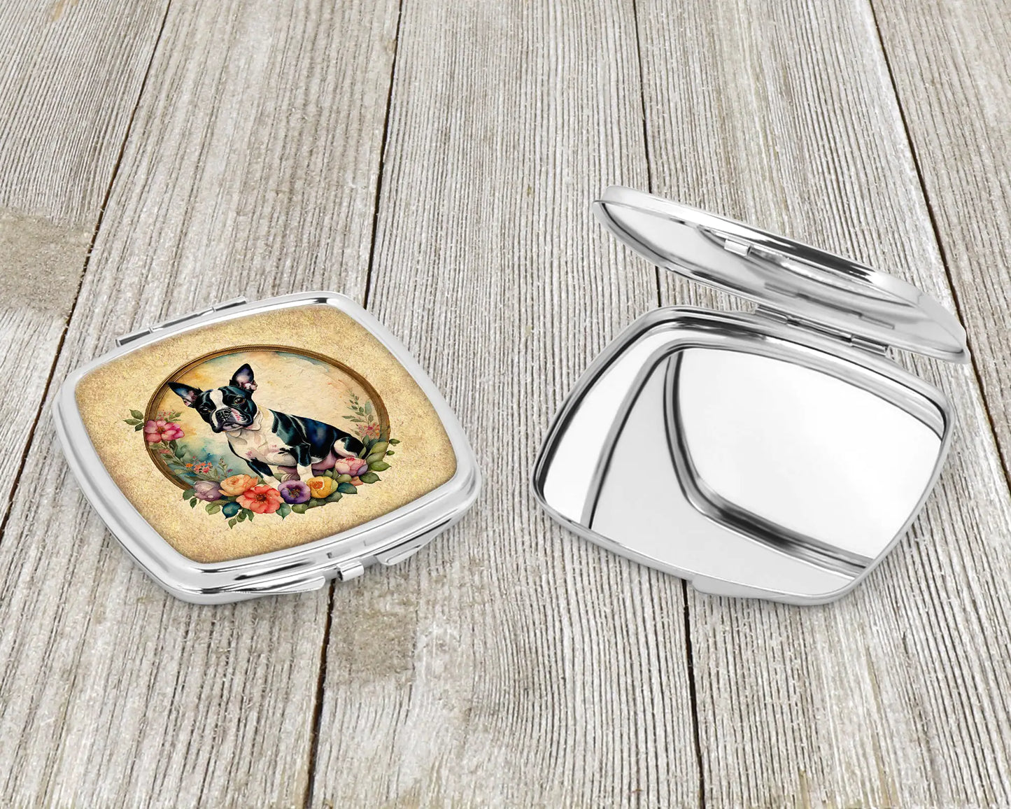 Boston Terrier and Flowers Compact Mirror