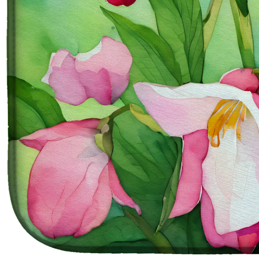 Minnesota Pink and White Lady s Slippers in Watercolor Dish Drying Mat