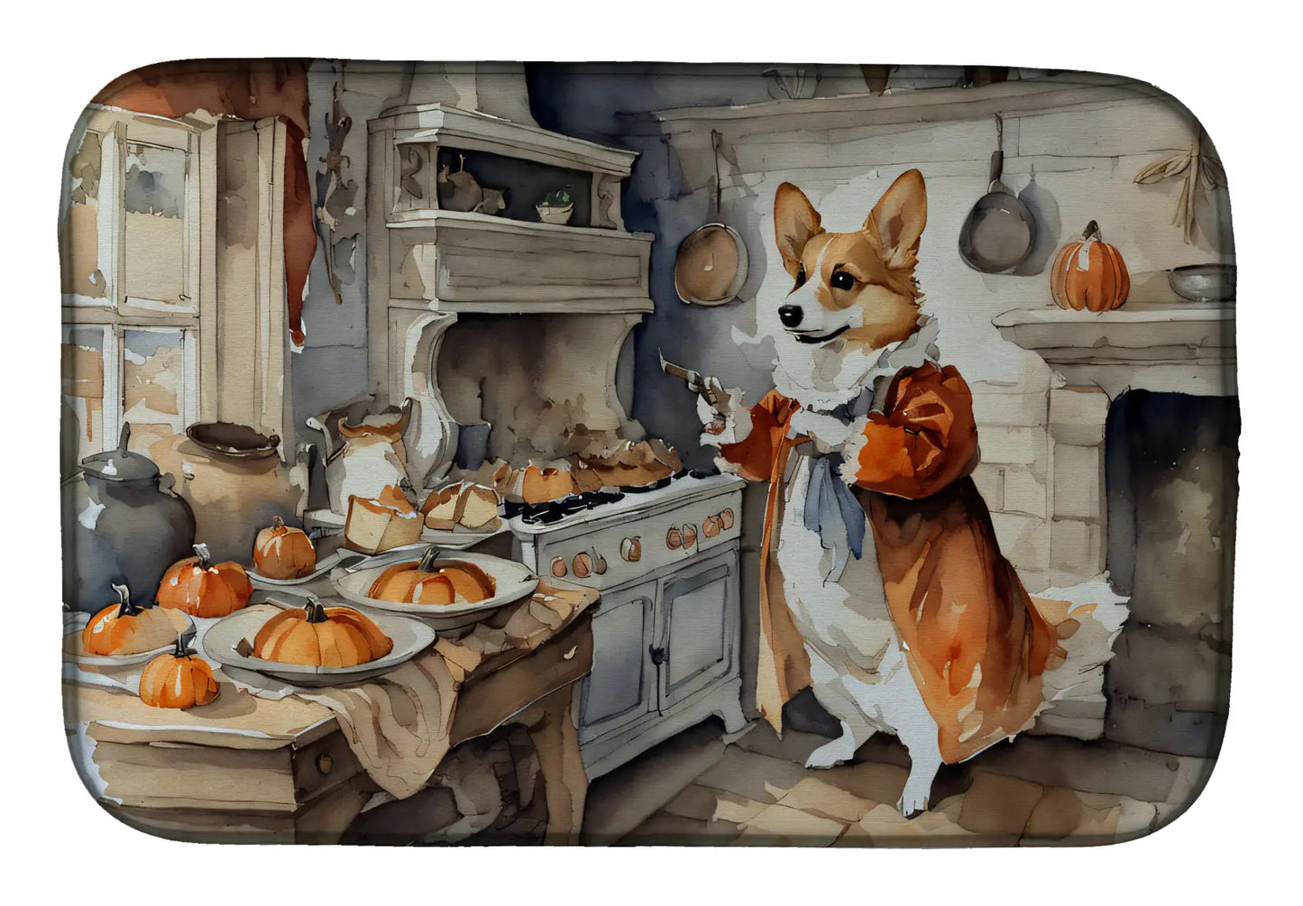 Corgi Fall Kitchen Pumpkins Dish Drying Mat