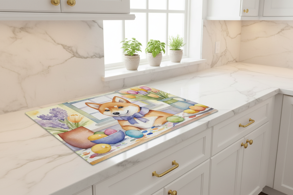 Glass cutting board with Shiba Inu and Easter eggs illustration on a countertop