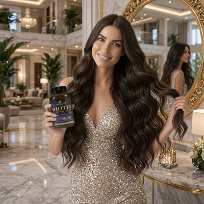 Winyel biotin supplement bottle held by woman in sparkling gold dress