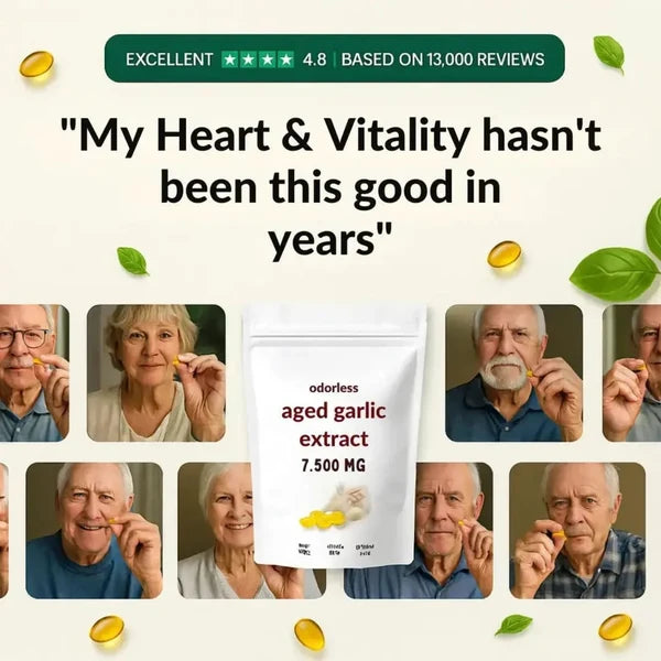 Aged garlic extract ad with heart quote, rating badge, and product pouch