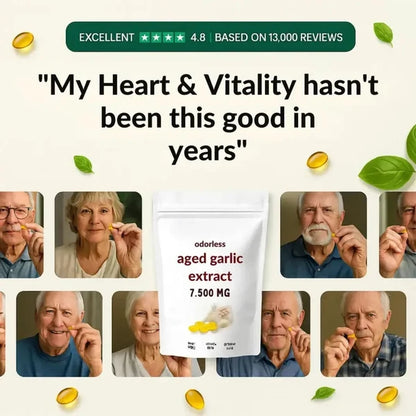 Aged garlic extract ad with heart quote, rating badge, and product pouch