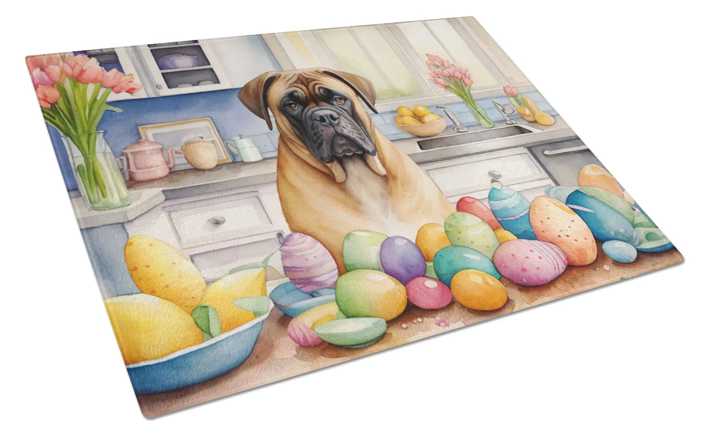Decorating Easter Bullmastiff Glass Cutting Board
