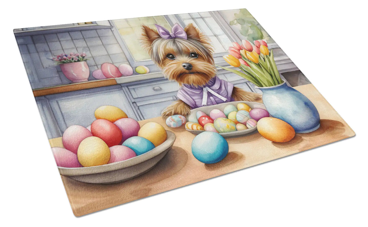 Decorating Easter Yorkshire Terrier Glass Cutting Board