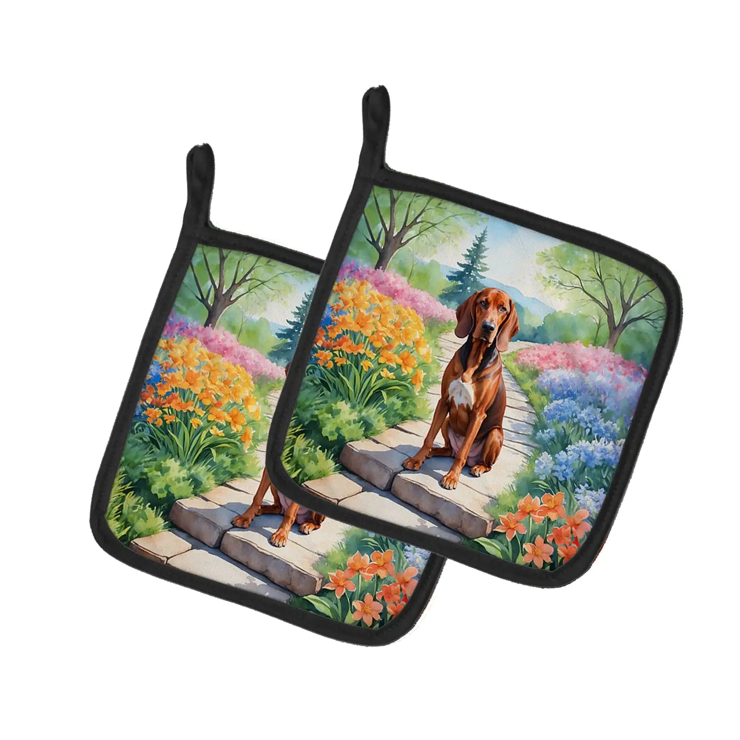 Redbone Coonhound Spring Path Pair of Pot Holders