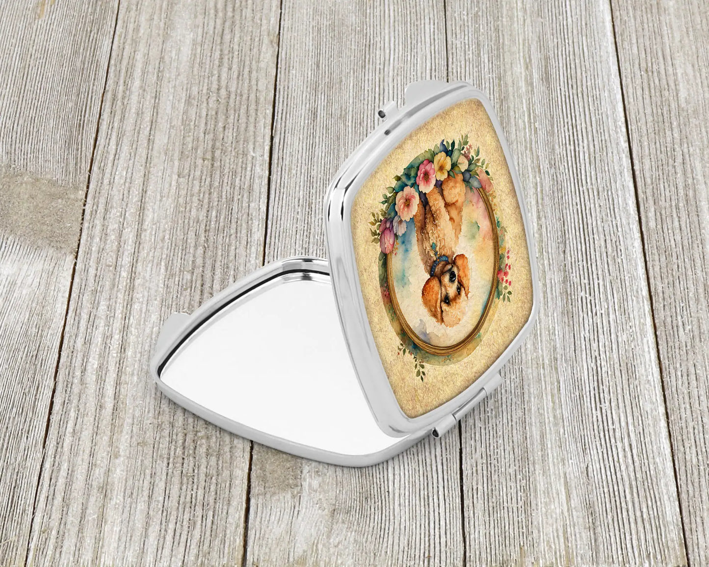 Poodle and Flowers Compact Mirror
