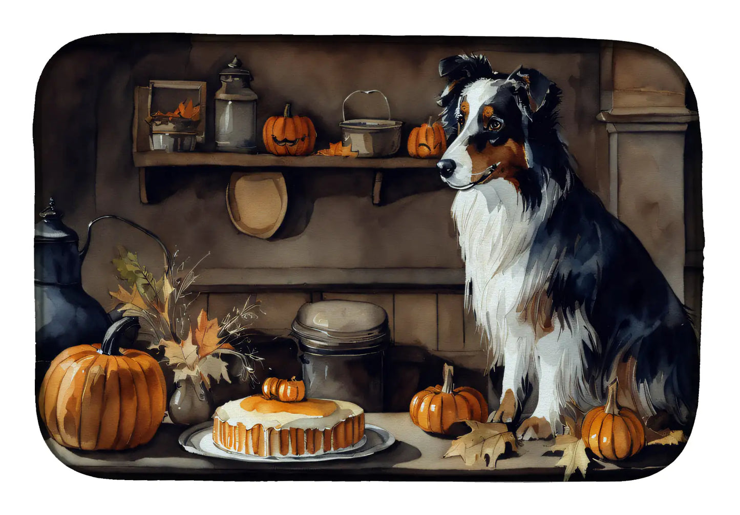 Australian Shepherd Fall Kitchen Pumpkins Dish Drying Mat