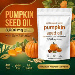 Pumpkin seed oil supplement pouch with saw palmetto, 3000 mg per serving, 2-in-1 formula