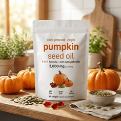 Pumpkin seed oil supplement pouch, cold pressed virgin 2-in-1 with saw palmetto, 3000 mg