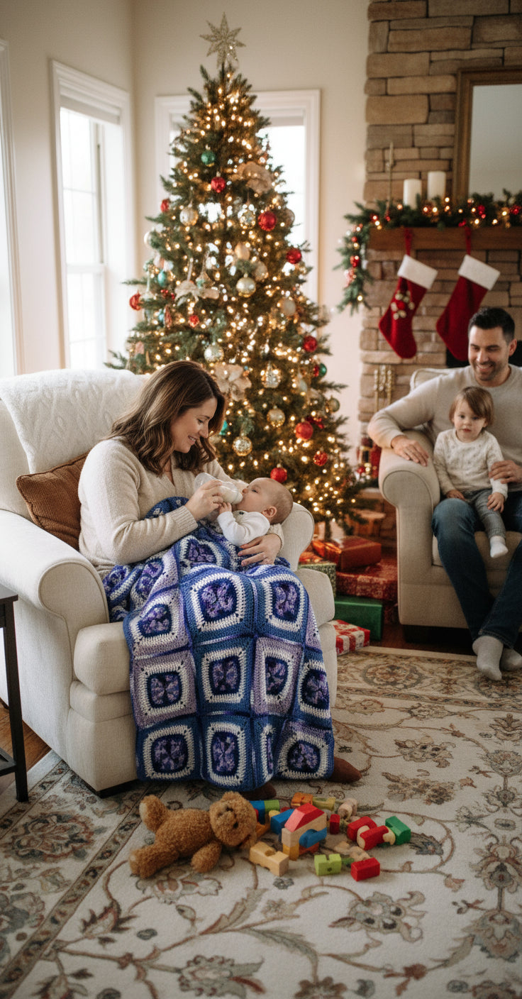 Handmade Granny Square of Mix Light Purples and Whites Purples Lg. Baby Blanket Patchwork