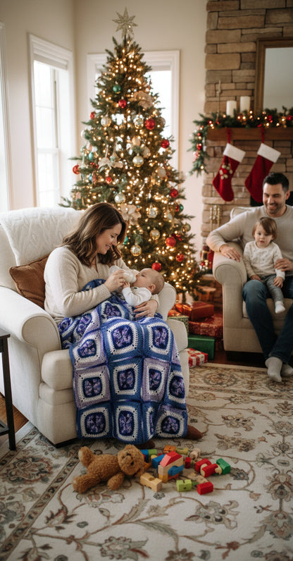 Handmade Granny Square of Mix Light Purples and Whites Purples Lg. Baby Blanket Patchwork