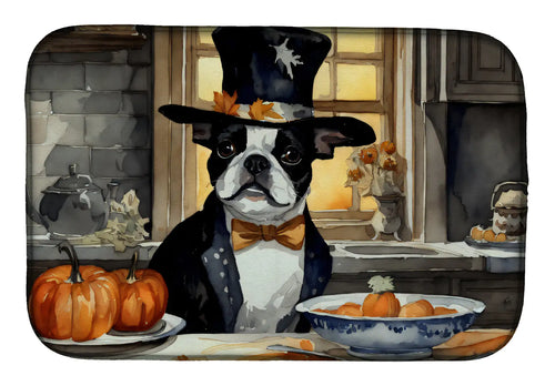 Boston Terrier Fall Kitchen Pumpkins Dish Drying Mat