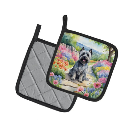 Skye Terrier Spring Path Pair of Pot Holders