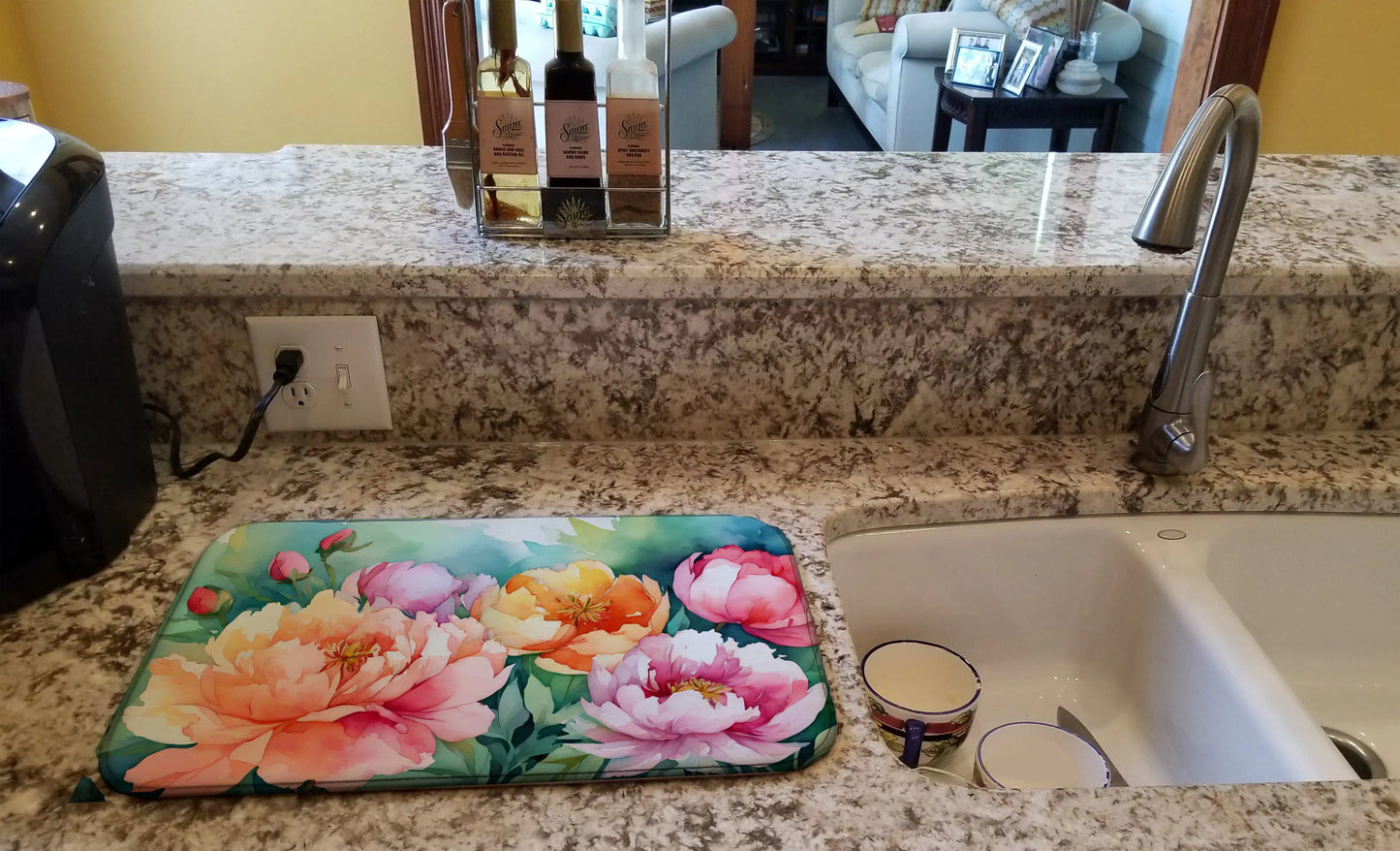 Indiana Peonies in Watercolor Dish Drying Mat