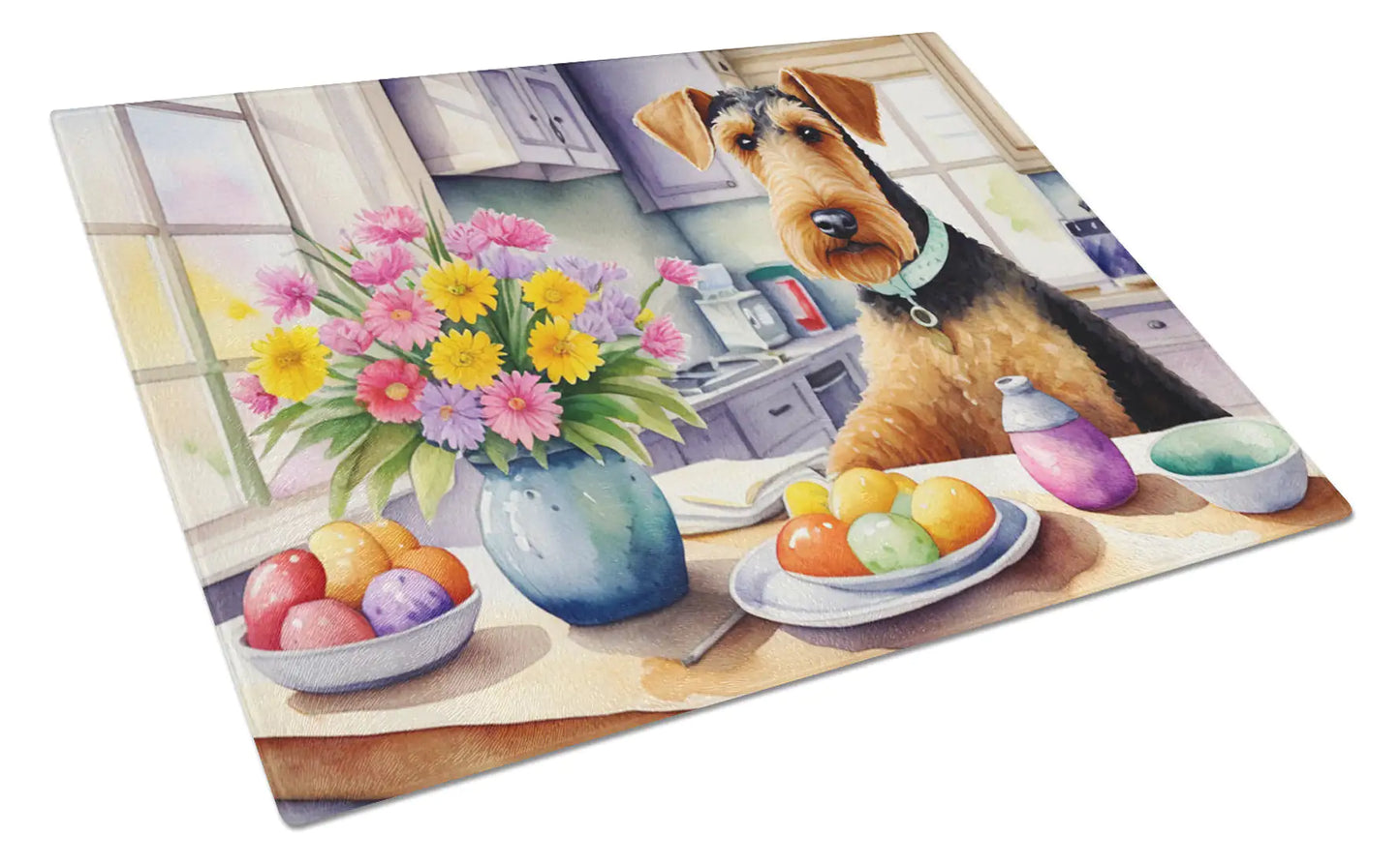 Decorating Easter Airedale Terrier Glass Cutting Board