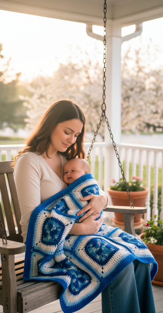 Handmade Granny Square hand crochet of Multi Blue, Whites, Light Blue, with Blue Border Baby Blanket