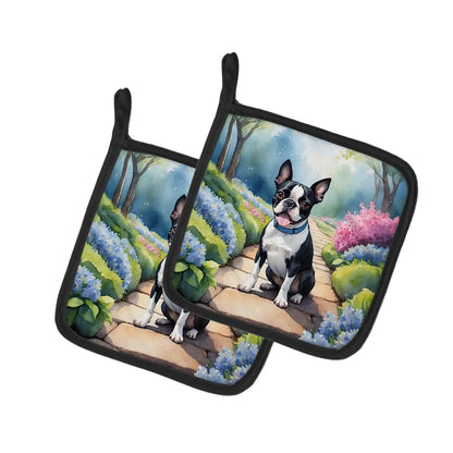 Boston Terrier Spring Path Pair of Pot Holders