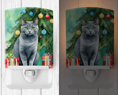 Chartreux Cat By the Christmas Tree Ceramic Night Light