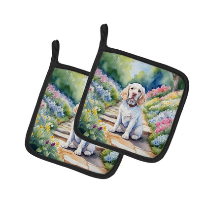Clumber Spaniel Spring Path Pair of Pot Holders