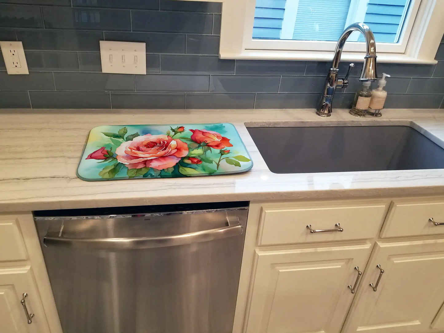 Oklahoma Roses in Watercolor Dish Drying Mat