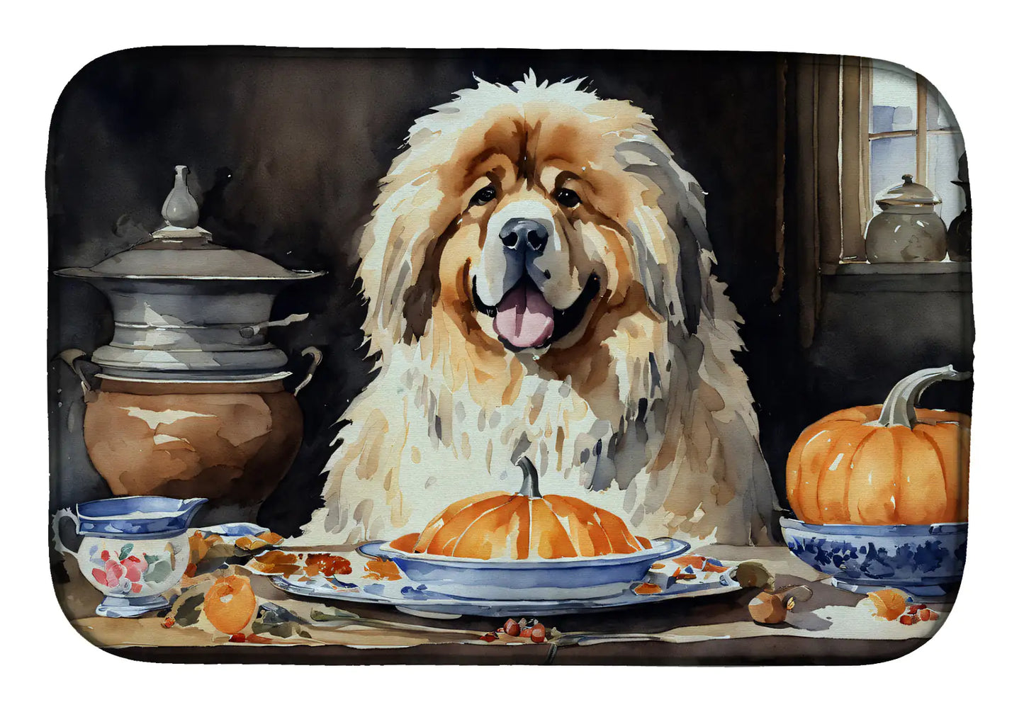 Tibetan Mastiff Fall Kitchen Pumpkins Dish Drying Mat