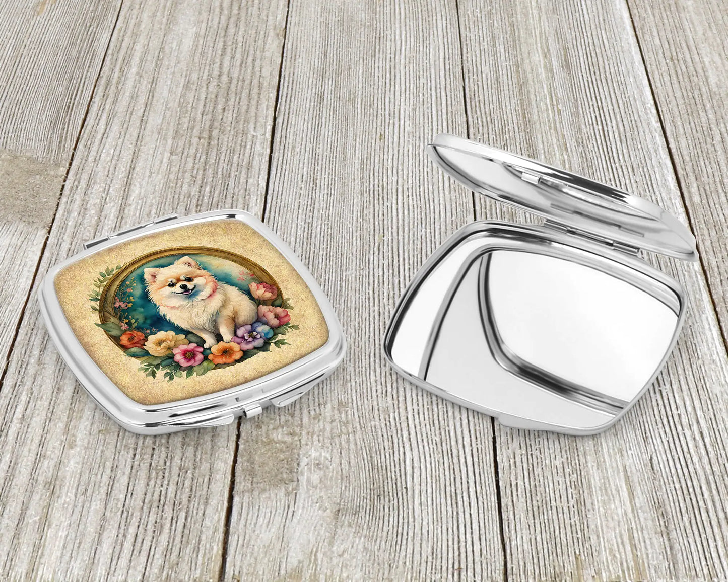 Pomeranian and Flowers Compact Mirror