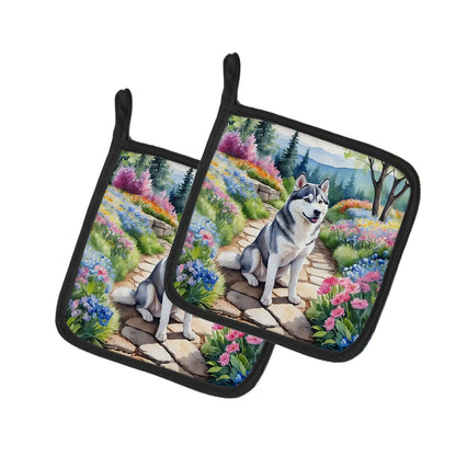 Siberian Husky Spring Path Pair of Pot Holders