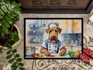 Chef Airedale terrier doormat with black border and colorful kitchen scene print