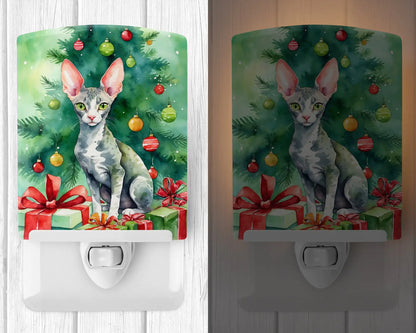 Cornish Rex Cat By the Christmas Tree Ceramic Night Light