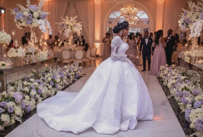 Lace Wedding Dress Long Sleeves Round Neck Big Tail