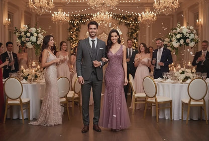Sexy Long Skirt Sleeveless V-Neck Embroidered Sequins Slim Fishtail Bridesmaid Evening Dress
