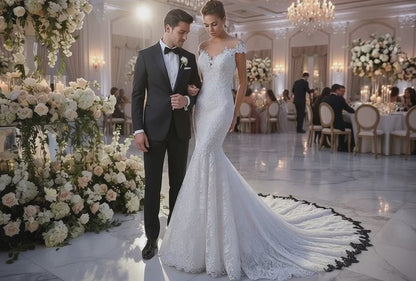 Princess Bride Mermaid White Trailing Backless Lace Wedding Dress