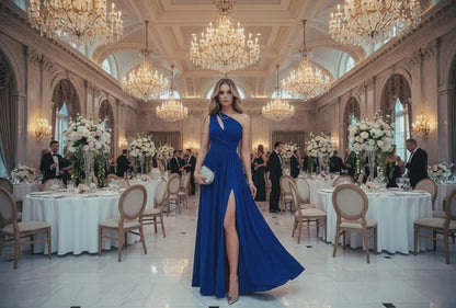 Women's One Shoulder High Split Cutout Sleeveless Elegant Sexy Cocktail Maxi Dress