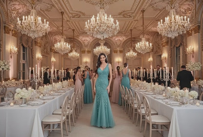 Sexy Long Skirt Sleeveless V-Neck Embroidered Sequins Slim Fishtail Bridesmaid Evening Dress