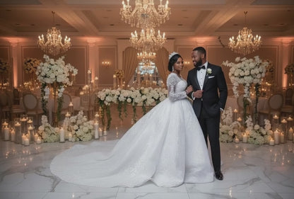 Lace Wedding Dress Long Sleeves Round Neck Big Tail