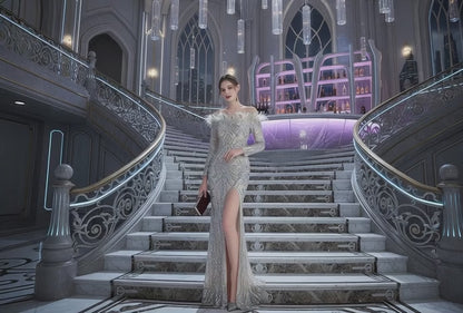 High-density Ostrich Feather Sequins Off-shoulder Long Sleeve Fishtail High-end Evening Dress