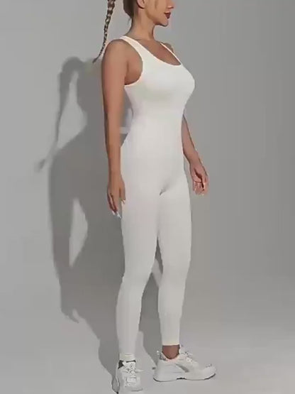 Women's Ribbed Solid Color One Piece Jumpsuit, Form-Fitting Sensual Activewear, Classic Sleeveless Full-Length Pants For Sport Casual Wear