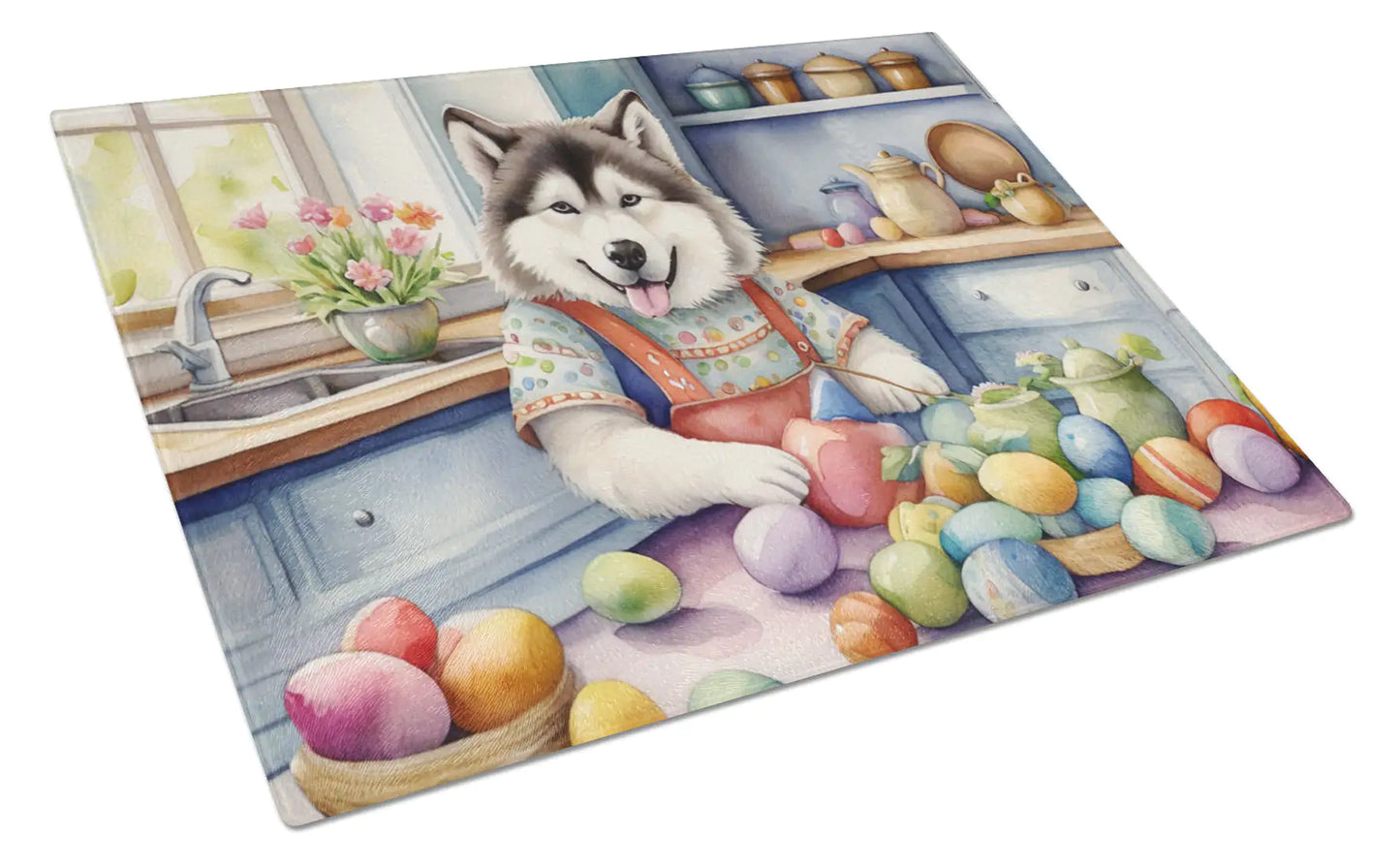 Decorating Easter Alaskan Malamute Glass Cutting Board