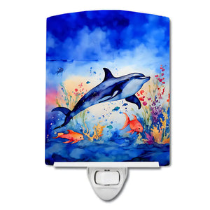 Ceramic dolphin night light tile in blue watercolor style with dolphins and splash