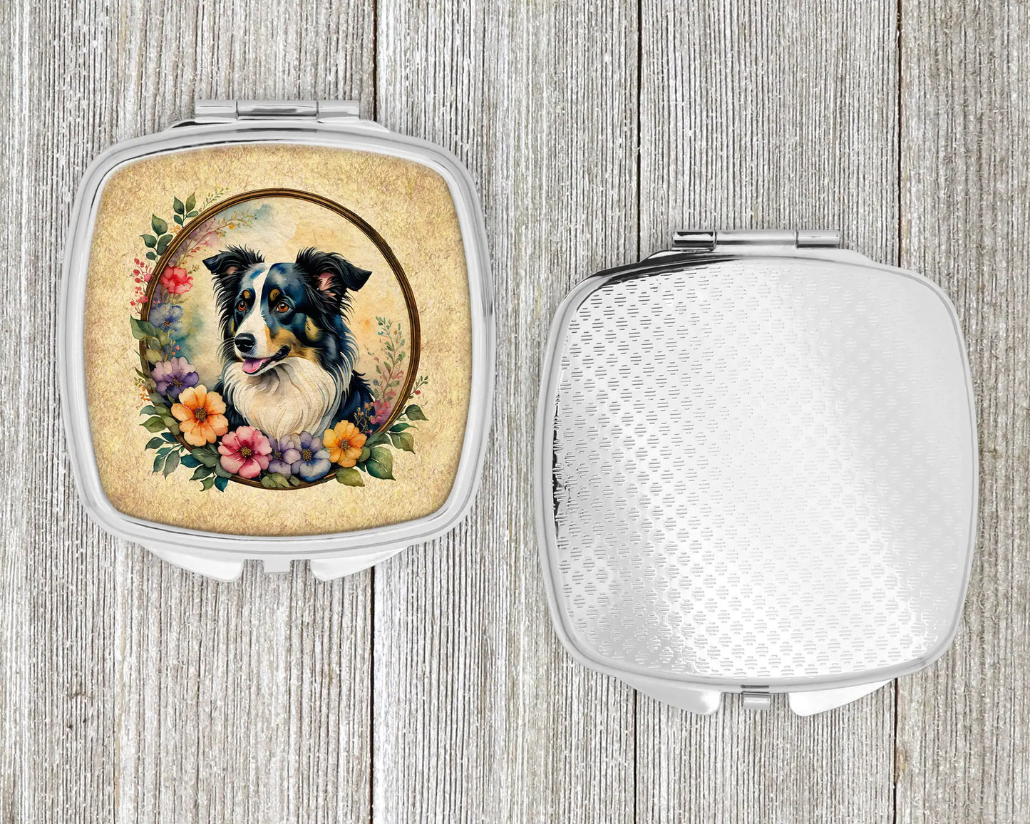 Border Collie and Flowers Compact Mirror